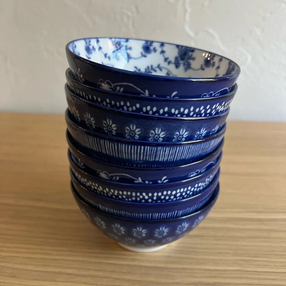IKEA ENTUSIASM Patterned Blue Bowls, Set of 8, 4 ½” Diameter asian